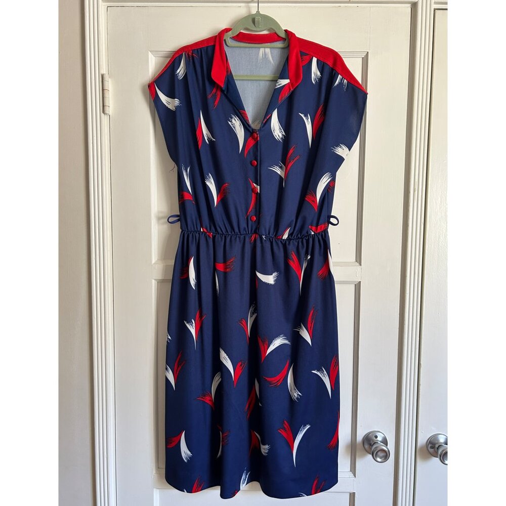 Vintage Navy Midi Dress with Red and White Accents